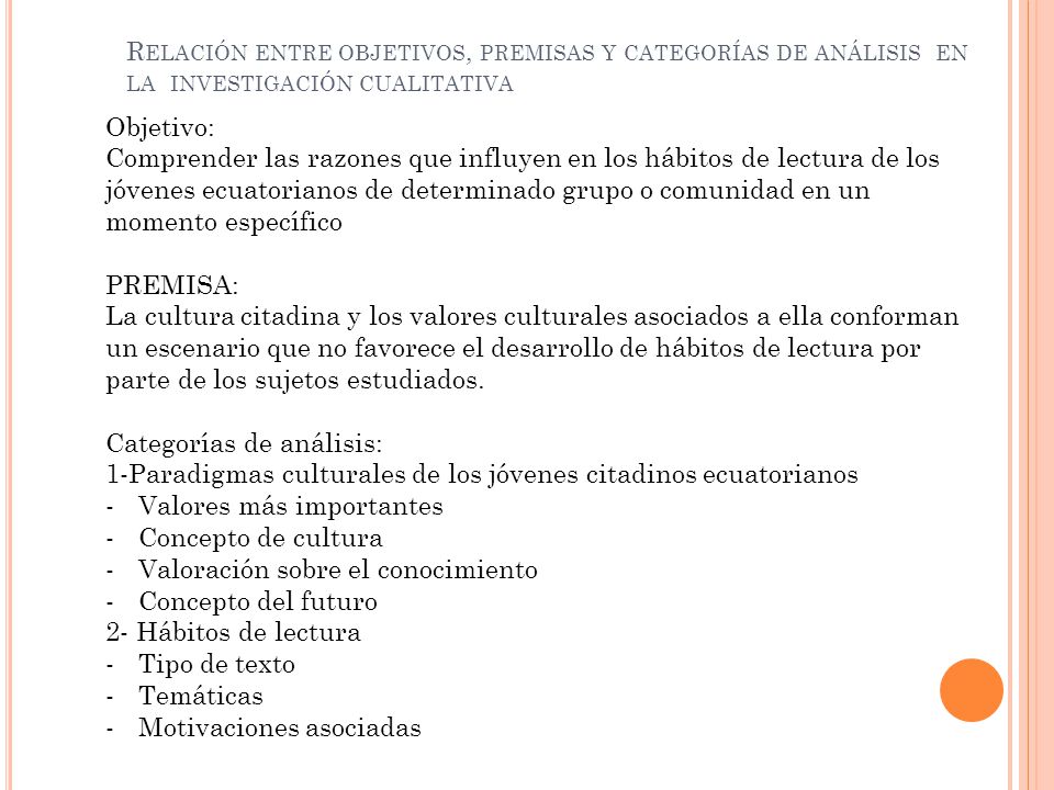 Relación entre objetivos, premisas y categorías de análisis en la investigación cualitativa
