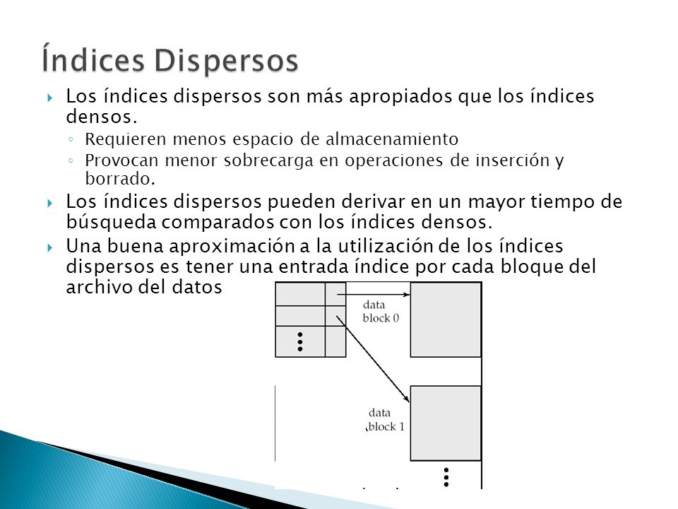 Índices Dispersos Los índices dispersos son más apropiados que los índices densos. Requieren menos espacio de almacenamiento.