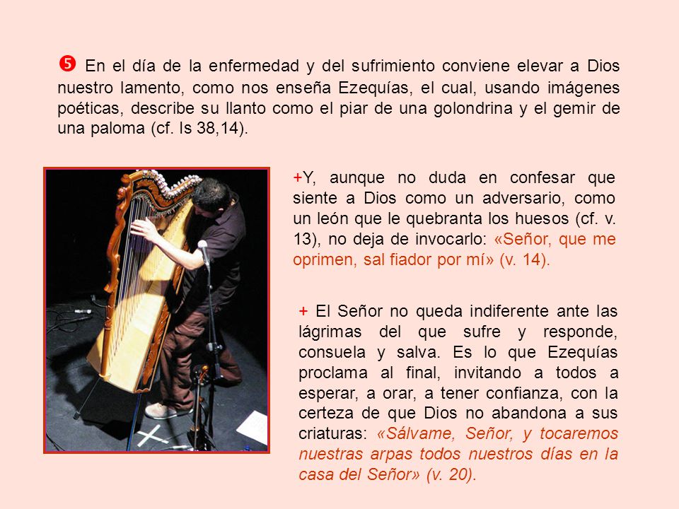  En el día de la enfermedad y del sufrimiento conviene elevar a Dios nuestro lamento, como nos enseña Ezequías, el cual, usando imágenes poéticas, describe su llanto como el piar de una golondrina y el gemir de una paloma (cf. Is 38,14).