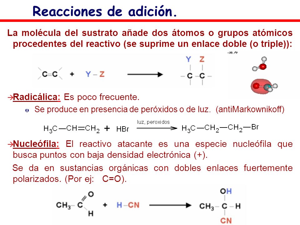Reacciones de adición. La molécula del sustrato añade dos átomos o grupos atómicos procedentes del reactivo (se suprime un enlace doble (o triple)):