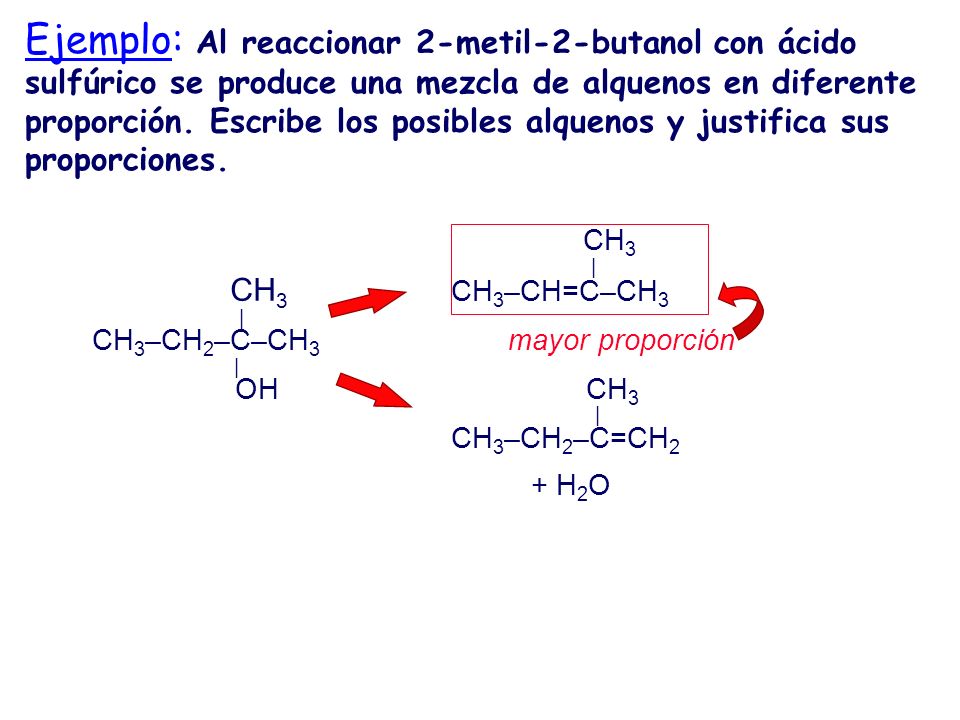 Ejemplo: Al reaccionar 2-metil-2-butanol con ácido sulfúrico se produce una mezcla de alquenos en diferente proporción. Escribe los posibles alquenos y justifica sus proporciones.