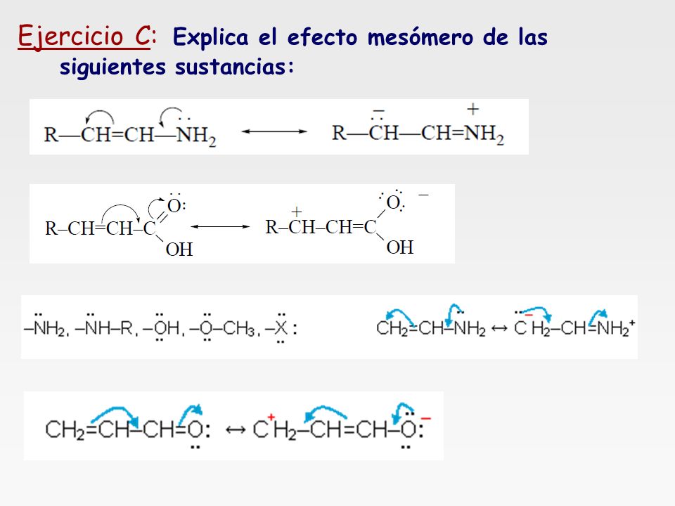 Ejercicio C: Explica el efecto mesómero de las siguientes sustancias:
