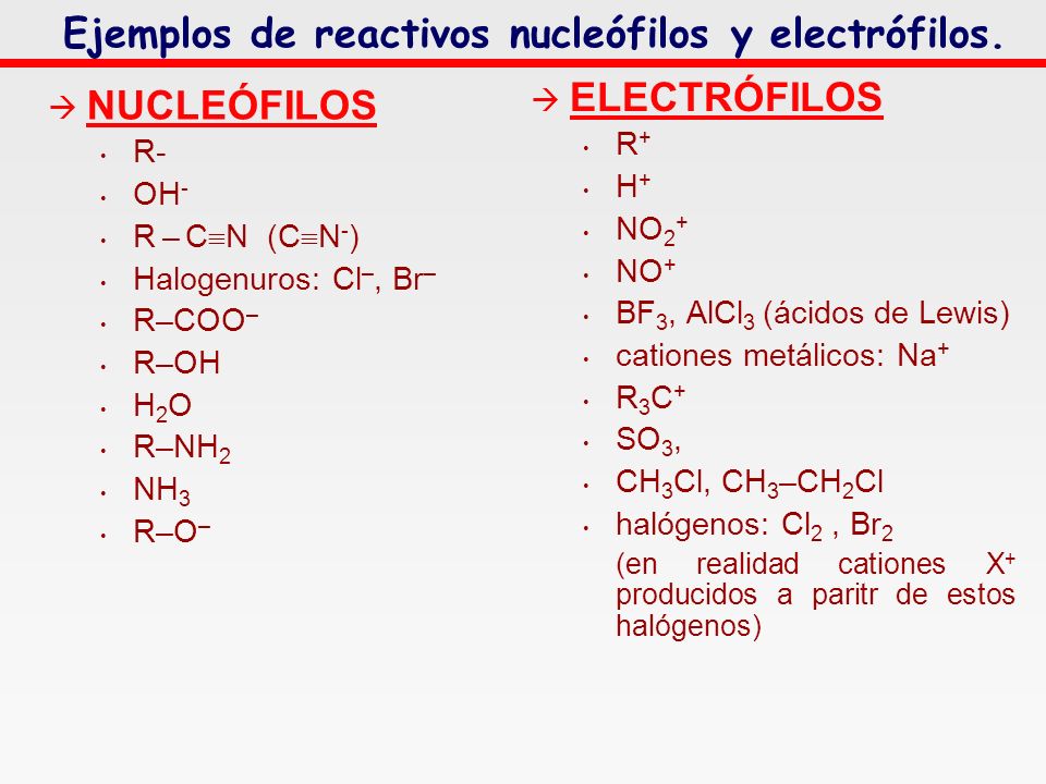 Ejemplos de reactivos nucleófilos y electrófilos.