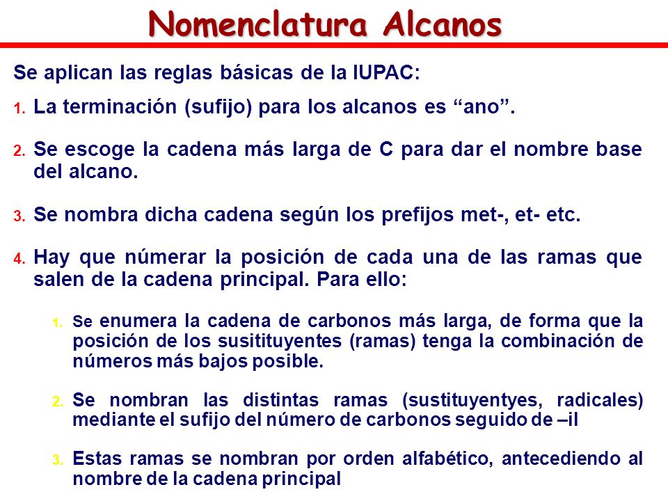 Nomenclatura Alcanos Se aplican las reglas básicas de la IUPAC: