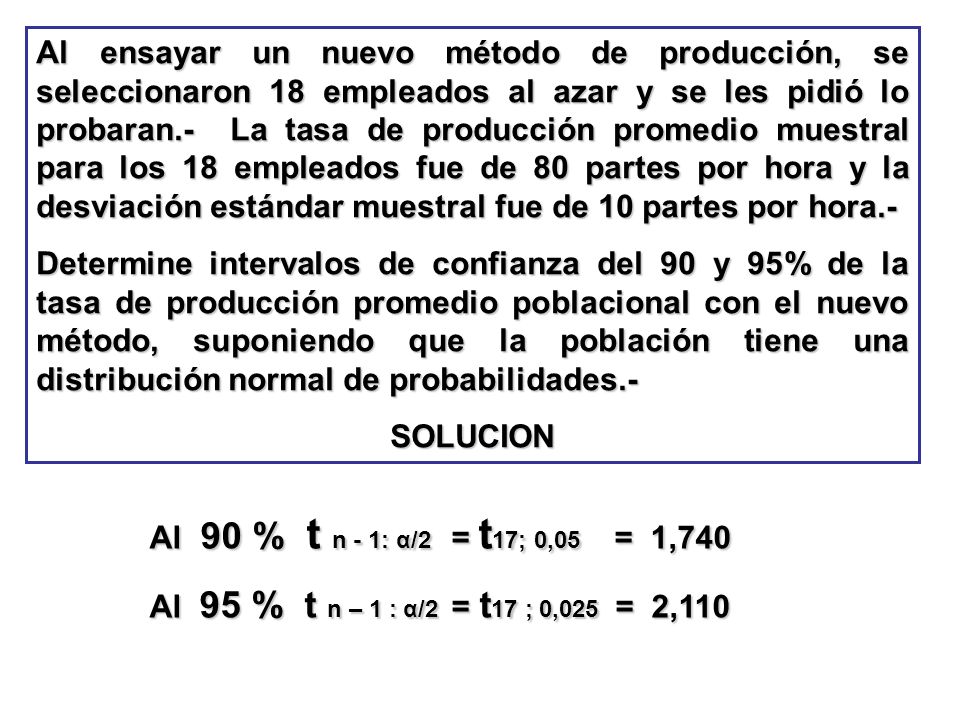 Al ensayar un nuevo método de producción, se seleccionaron 18 empleados al azar y se les pidió lo probaran.- La tasa de producción promedio muestral para los 18 empleados fue de 80 partes por hora y la desviación estándar muestral fue de 10 partes por hora.-