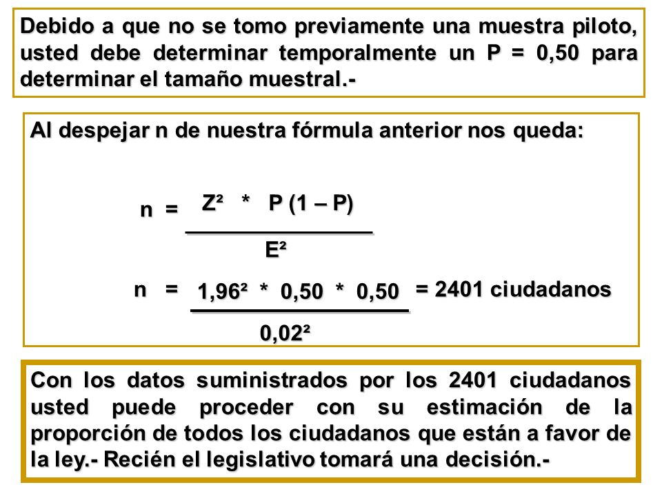 Debido a que no se tomo previamente una muestra piloto, usted debe determinar temporalmente un P = 0,50 para determinar el tamaño muestral.-