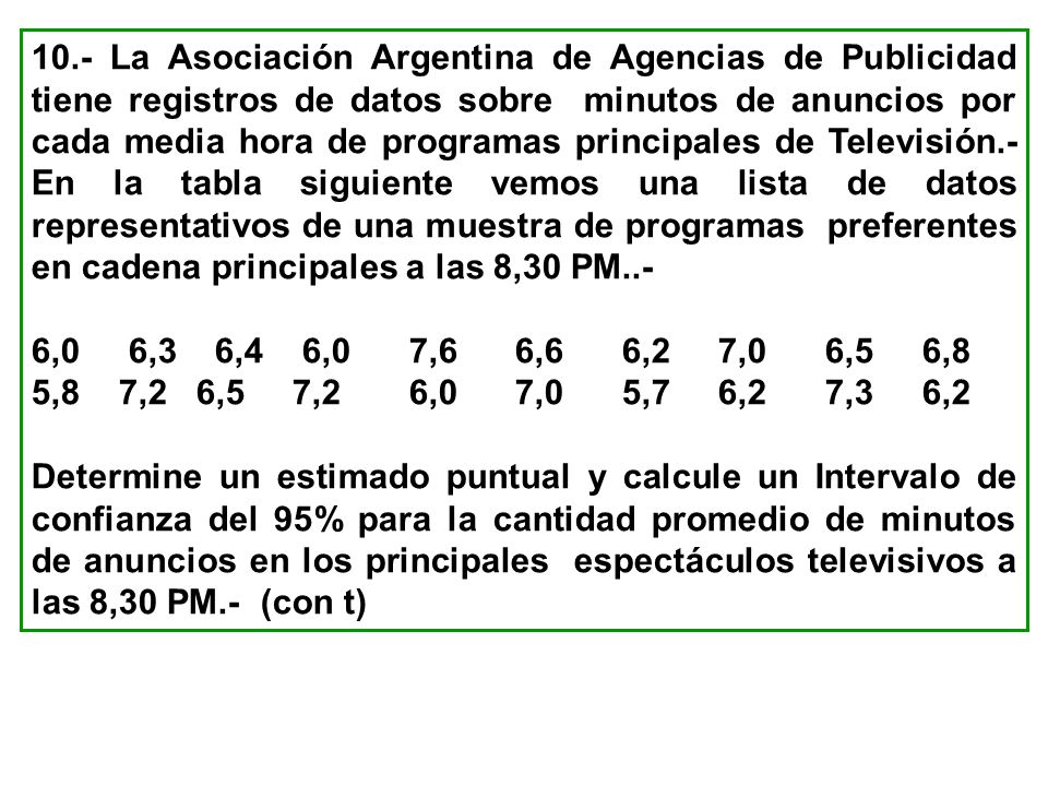 10.- La Asociación Argentina de Agencias de Publicidad tiene registros de datos sobre minutos de anuncios por cada media hora de programas principales de Televisión.- En la tabla siguiente vemos una lista de datos representativos de una muestra de programas preferentes en cadena principales a las 8,30 PM..-