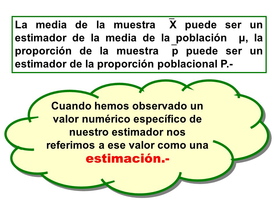 La media de la muestra X puede ser un estimador de la media de la población μ, la proporción de la muestra p puede ser un estimador de la proporción poblacional P.-