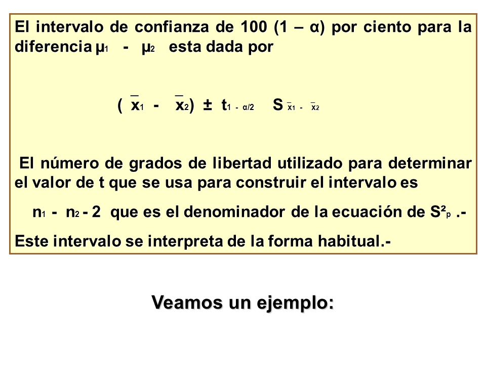 El intervalo de confianza de 100 (1 – α) por ciento para la diferencia µ1 - µ2 esta dada por