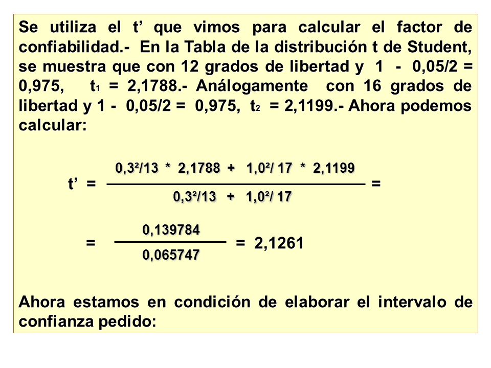 Se utiliza el t’ que vimos para calcular el factor de confiabilidad