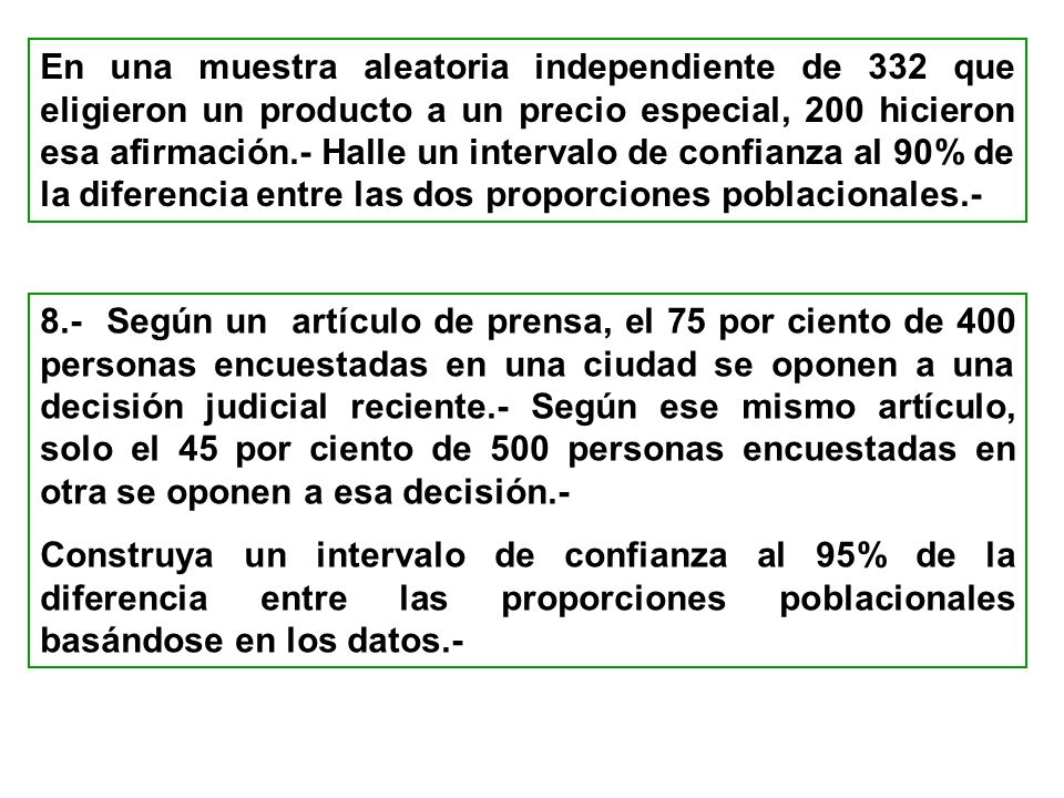 En una muestra aleatoria independiente de 332 que eligieron un producto a un precio especial, 200 hicieron esa afirmación.- Halle un intervalo de confianza al 90% de la diferencia entre las dos proporciones poblacionales.-