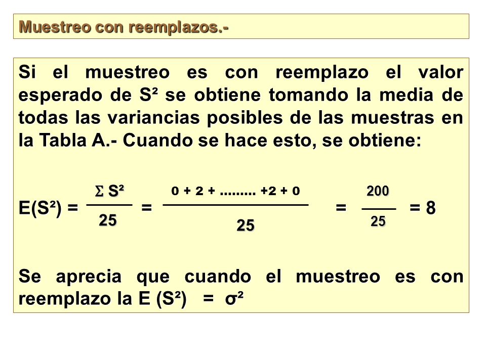 Se aprecia que cuando el muestreo es con reemplazo la E (S²) = σ²