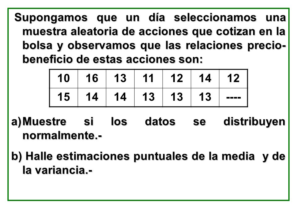 Supongamos que un día seleccionamos una muestra aleatoria de acciones que cotizan en la bolsa y observamos que las relaciones precio-beneficio de estas acciones son: