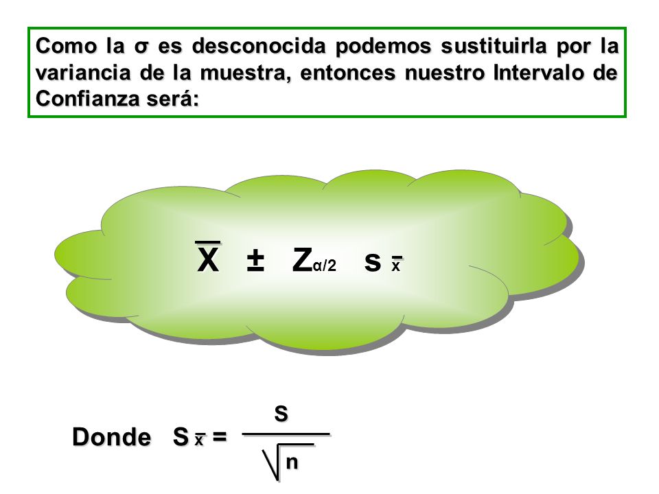 Como la σ es desconocida podemos sustituirla por la variancia de la muestra, entonces nuestro Intervalo de Confianza será: