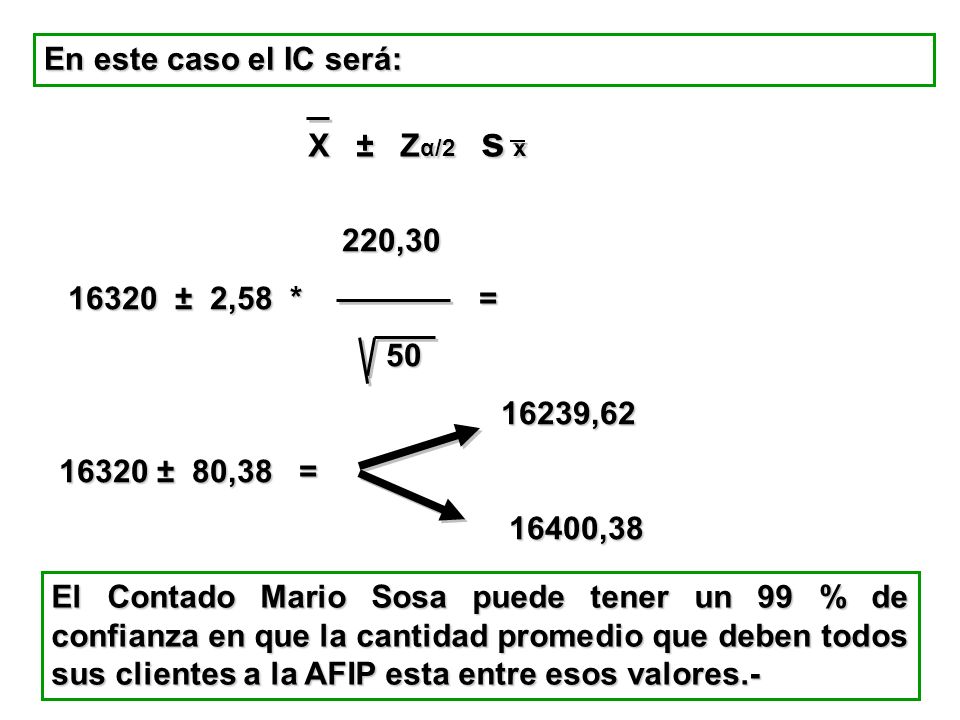 En este caso el IC será: X ± Zα/2 s x. 220, ± 2,58 * = ,62.