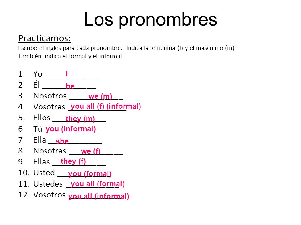 Los pronombres Practicamos: Yo ____________ Él ____________