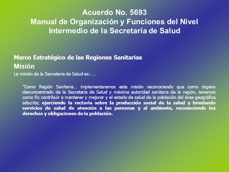 Acuerdo No Manual de Organización y Funciones del Nivel Intermedio de la Secretaría de Salud