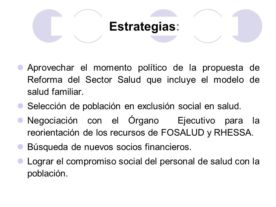 Estrategias: Aprovechar el momento político de la propuesta de Reforma del Sector Salud que incluye el modelo de salud familiar.