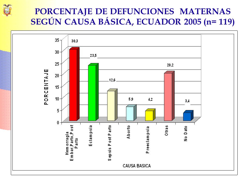 PORCENTAJE DE DEFUNCIONES MATERNAS SEGÚN CAUSA BÁSICA, ECUADOR 2005 (n= 119)