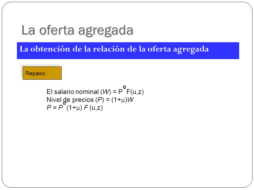 La oferta agregada El salario nominal (W) = PeF(u,z)