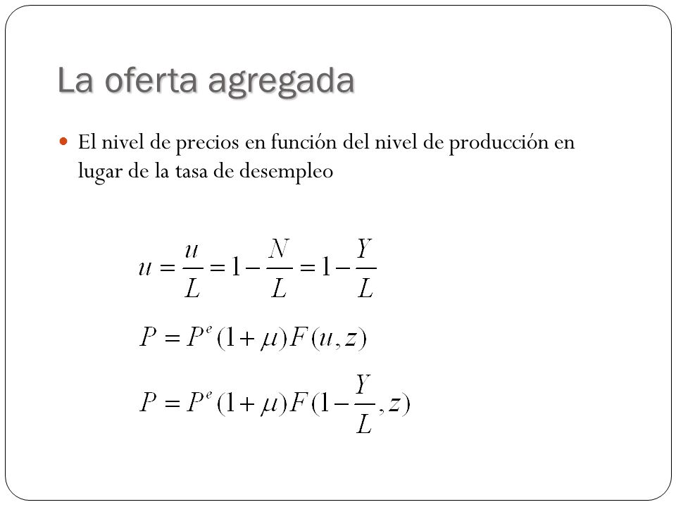La oferta agregada El nivel de precios en función del nivel de producción en lugar de la tasa de desempleo.