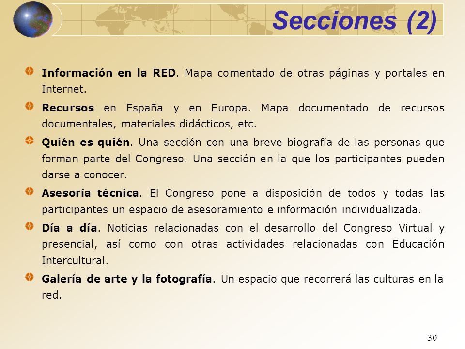 Secciones (2) Información en la RED. Mapa comentado de otras páginas y portales en Internet.