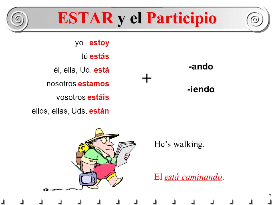 ESTAR y el Participio + -ando -iendo He’s walking. El está caminando.