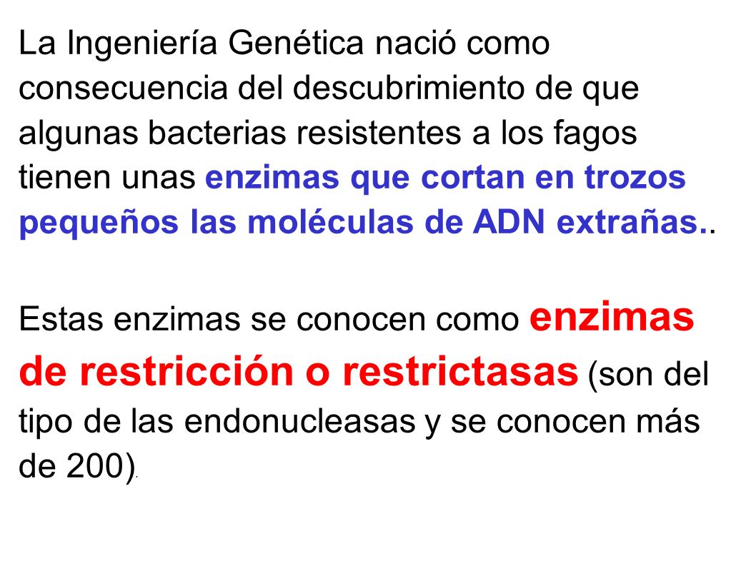 La Ingeniería Genética nació como consecuencia del descubrimiento de que algunas bacterias resistentes a los fagos tienen unas enzimas que cortan en trozos pequeños las moléculas de ADN extrañas..