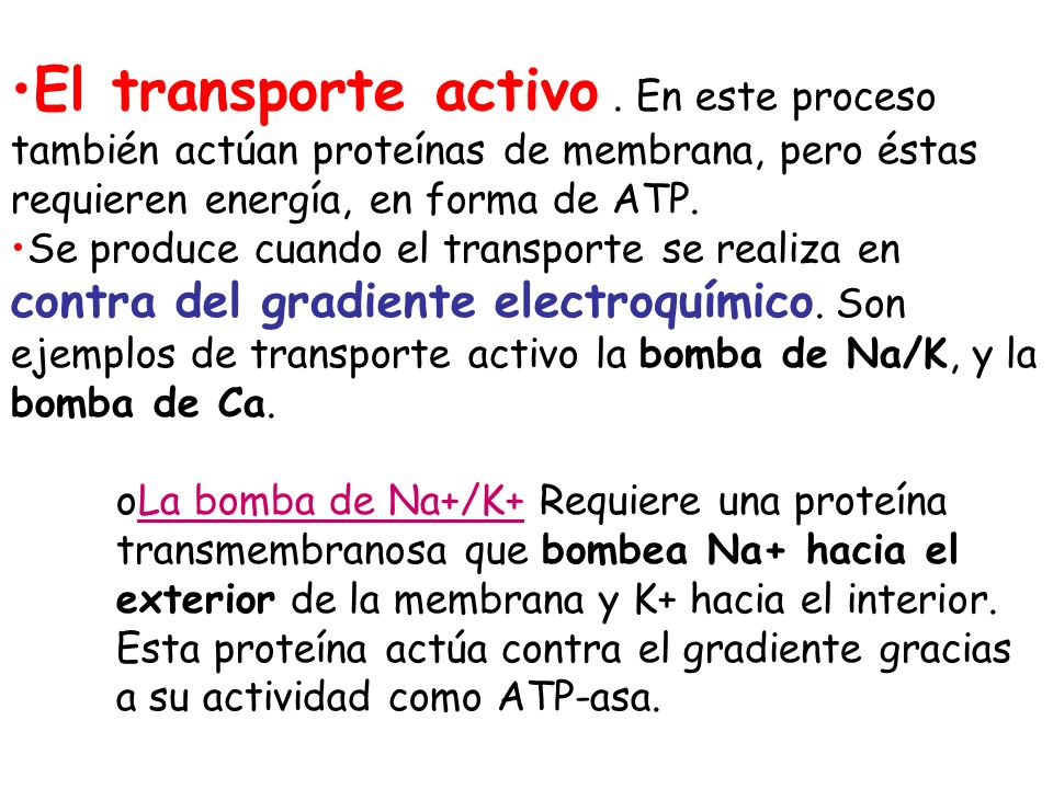 El transporte activo . En este proceso también actúan proteínas de membrana, pero éstas requieren energía, en forma de ATP.