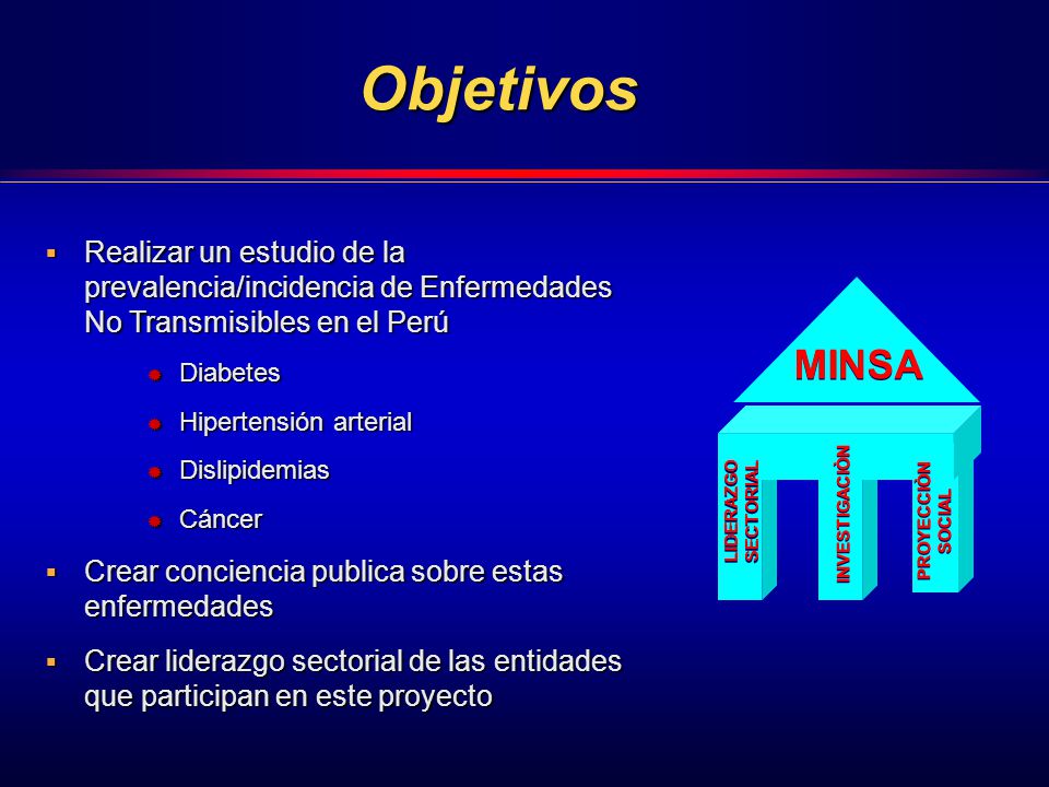 Objetivos Realizar un estudio de la prevalencia/incidencia de Enfermedades No Transmisibles en el Perú.