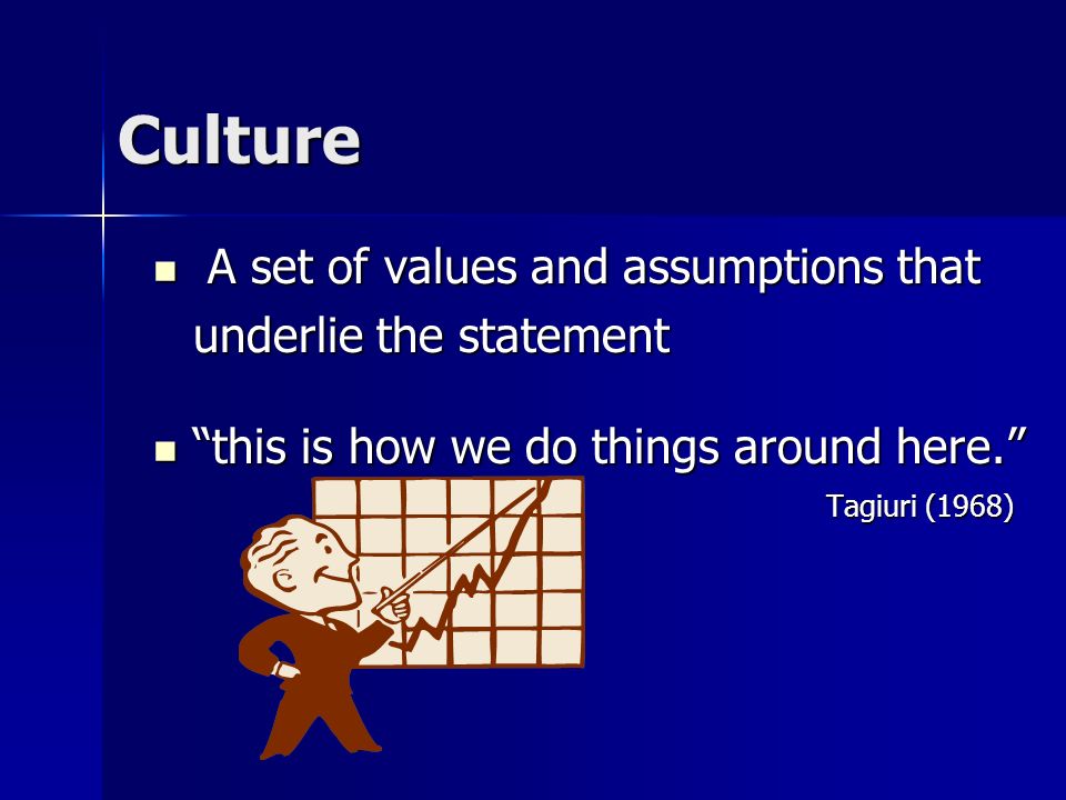 Culture A set of values and assumptions that underlie the statement