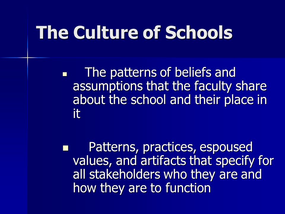 The Culture of Schools The patterns of beliefs and assumptions that the faculty share about the school and their place in it.