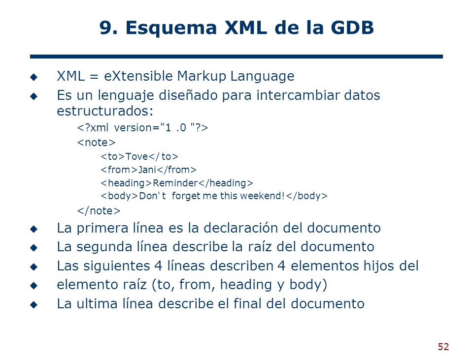 9. Esquema XML de la GDB XML = eXtensible Markup Language