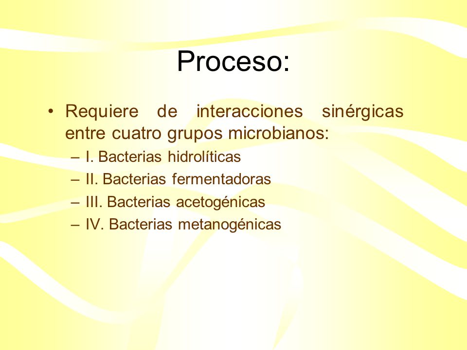 Proceso: Requiere de interacciones sinérgicas entre cuatro grupos microbianos: I. Bacterias hidrolíticas.