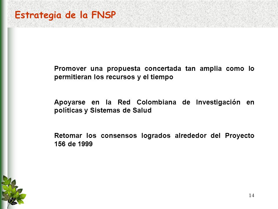Estrategia de la FNSP Promover una propuesta concertada tan amplia como lo permitieran los recursos y el tiempo.
