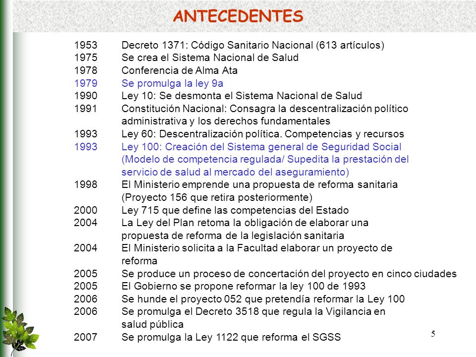 ANTECEDENTES 1953 Decreto 1371: Código Sanitario Nacional (613 artículos) 1975 Se crea el Sistema Nacional de Salud.