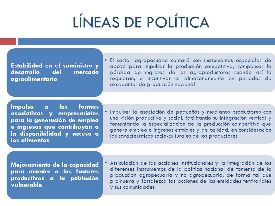 LÍNEAS DE POLÍTICA Estabilidad en el suministro y desarrollo del mercado agroalimentario.