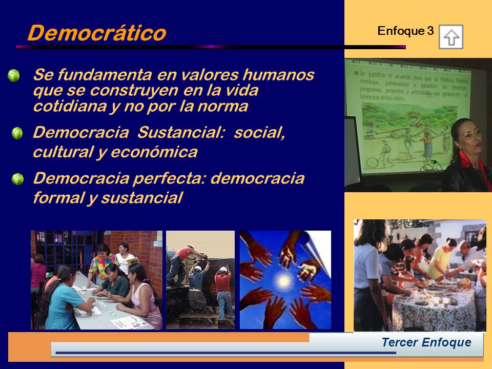 Democrático Enfoque 3. Se fundamenta en valores humanos que se construyen en la vida cotidiana y no por la norma.
