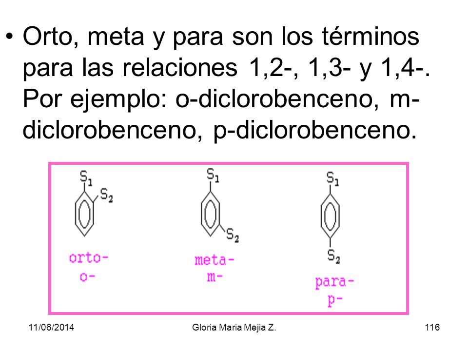 Orto, meta y para son los términos para las relaciones 1,2-, 1,3- y 1,4-. Por ejemplo: o-diclorobenceno, m-diclorobenceno, p-diclorobenceno.