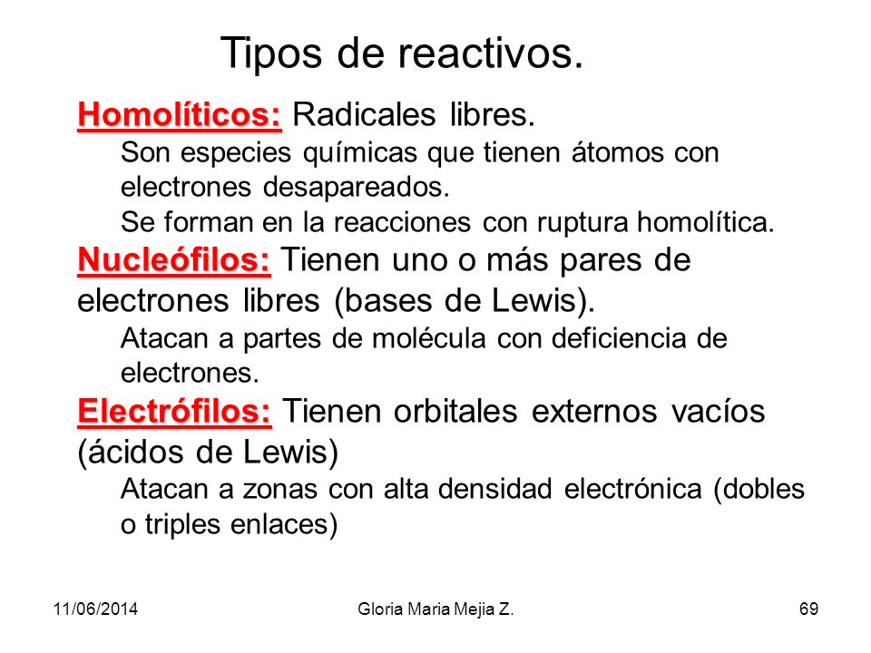 Tipos de reactivos. Homolíticos: Radicales libres.