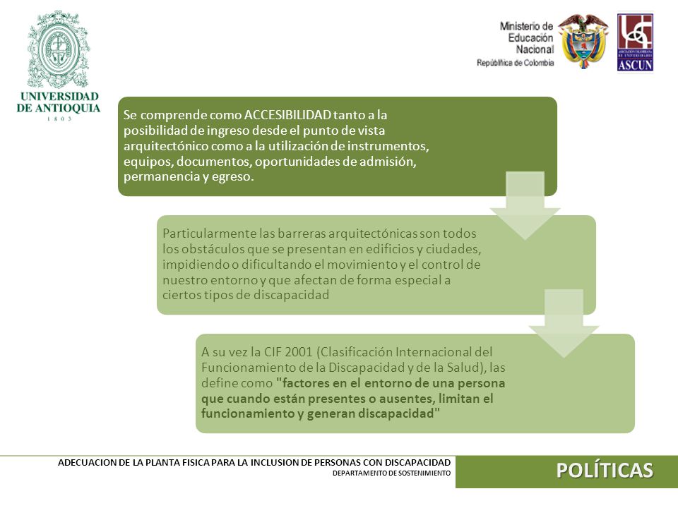 Se comprende como ACCESIBILIDAD tanto a la posibilidad de ingreso desde el punto de vista arquitectónico como a la utilización de instrumentos, equipos, documentos, oportunidades de admisión, permanencia y egreso.