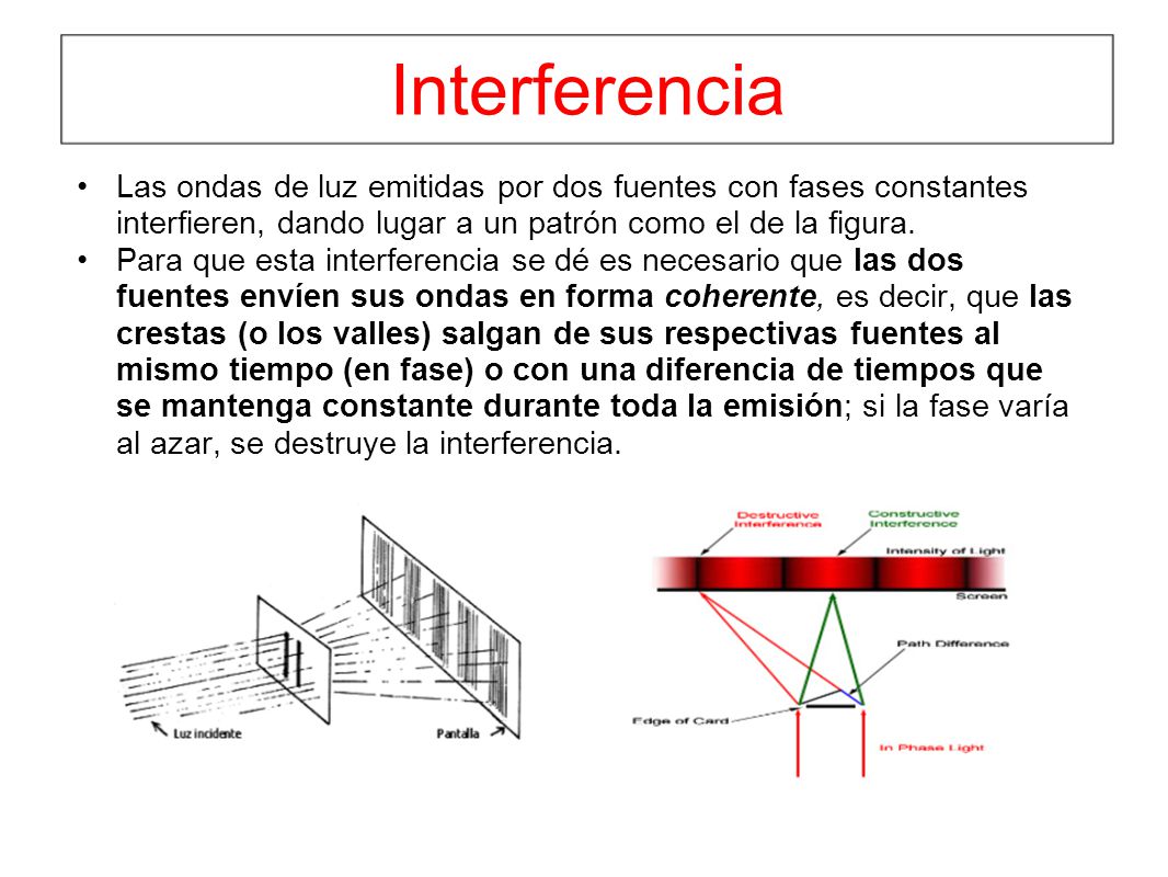Interferencia Las ondas de luz emitidas por dos fuentes con fases constantes interfieren, dando lugar a un patrón como el de la figura.