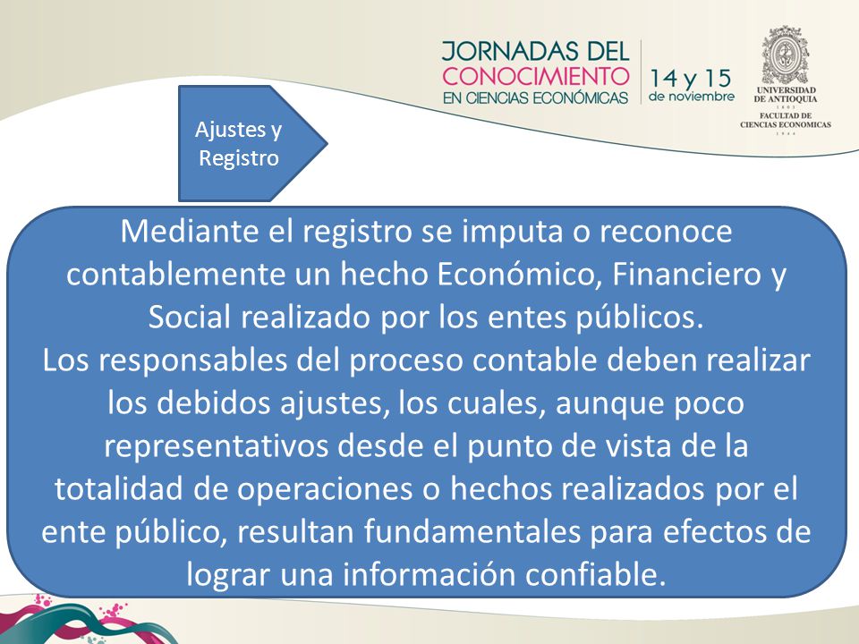Ajustes y Registro Mediante el registro se imputa o reconoce contablemente un hecho Económico, Financiero y Social realizado por los entes públicos.