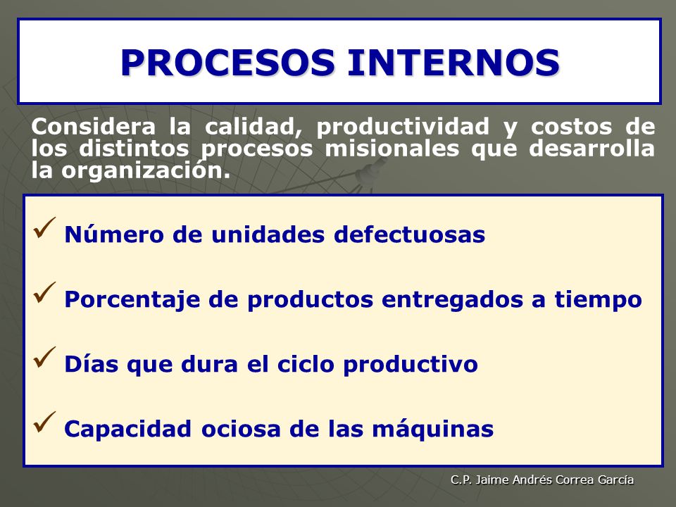PROCESOS INTERNOS Considera la calidad, productividad y costos de los distintos procesos misionales que desarrolla la organización.