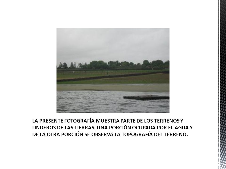 LA PRESENTE FOTOGRAFÍA MUESTRA PARTE DE LOS TERRENOS Y LINDEROS DE LAS TIERRAS; UNA PORCIÓN OCUPADA POR EL AGUA Y DE LA OTRA PORCIÓN SE OBSERVA LA TOPOGRAFÍA DEL TERRENO.