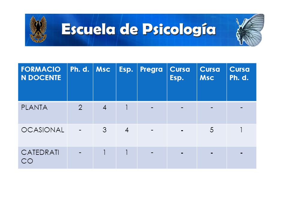 FORMACION DOCENTE Ph. d. Msc. Esp. Pregra. Cursa Esp. Cursa Msc. Cursa Ph. d. PLANTA