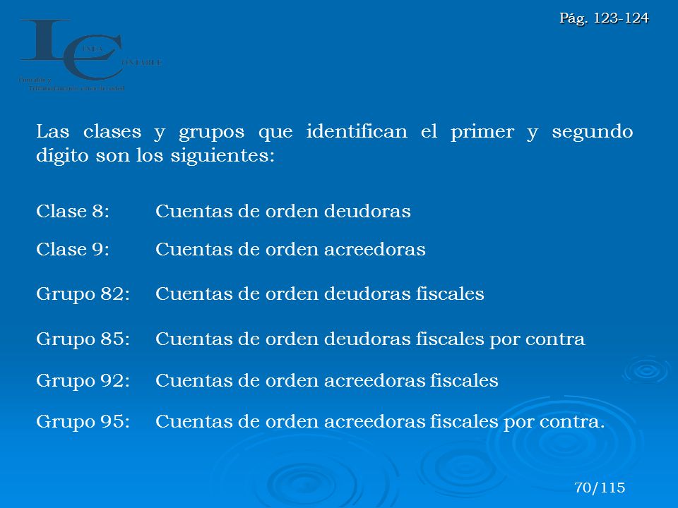 Pág Las clases y grupos que identifican el primer y segundo dígito son los siguientes: Clase 8: Cuentas de orden deudoras.