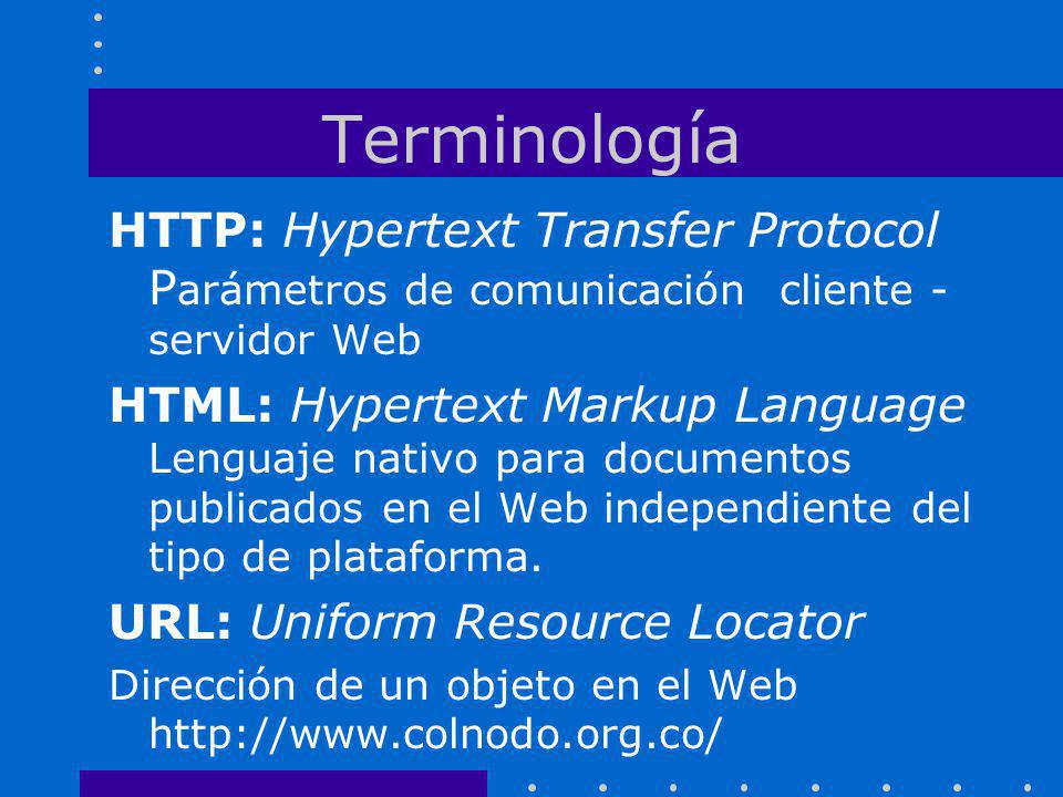 Terminología HTTP: Hypertext Transfer Protocol Parámetros de comunicación cliente - servidor Web.
