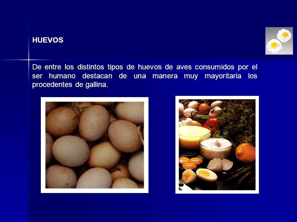 HUEVOS De entre los distintos tipos de huevos de aves consumidos por el ser humano destacan de una manera muy mayoritaria los procedentes de gallina.