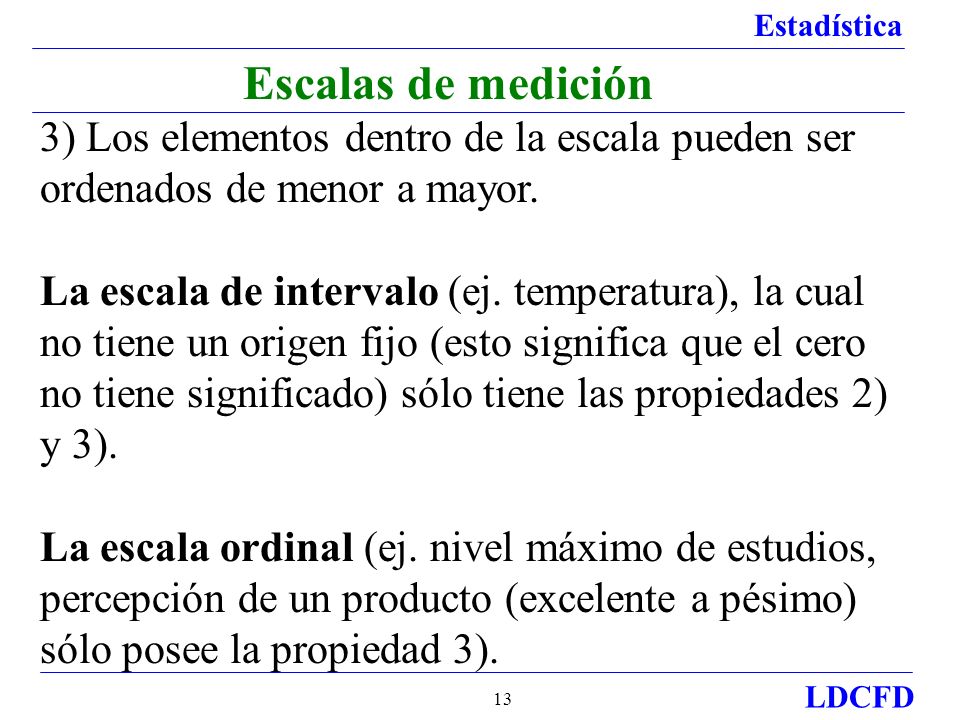 Escalas de medición 3) Los elementos dentro de la escala pueden ser ordenados de menor a mayor.